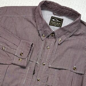 Drake Waterfowl Shirt Mens XL Burgundy Micro Check Vented Fishing Button Down